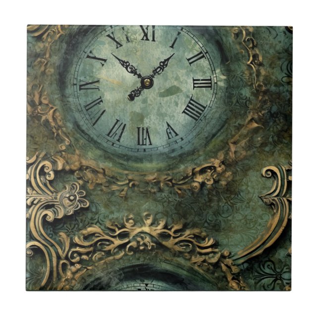 Emerald Green Rustic Steampunk Clock Tile (Front)