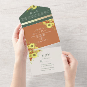 Emerald Green Rustic Sunflowers Wedding All In One Invitation