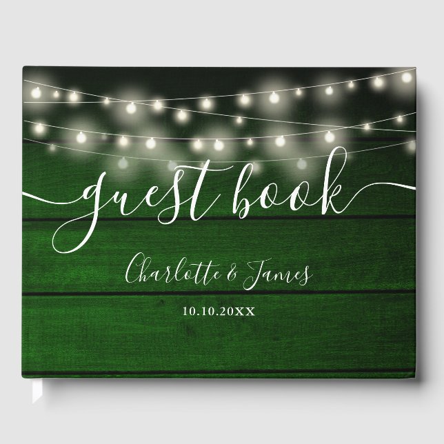 Emerald Green Rustic Wood String Lights Wedding Guest Book (Front)