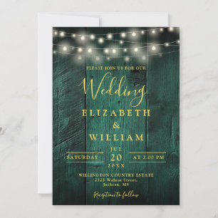Emerald Green Rustic Wood String Lights Wedding Invitation