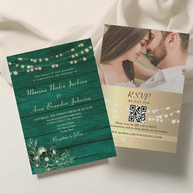 Emerald Green Rustic Wood Wedding QR Code Invitation (Creator Uploaded)