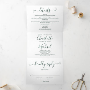 Emerald Green Script Minimalist Photo Wedding Tri-Fold Invitation