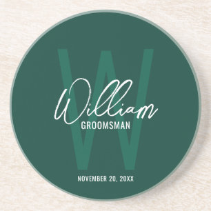 Emerald Green Script Personalized Groomsman's Name Coaster