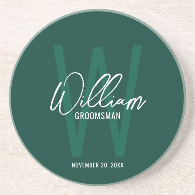 Emerald Green Script Personalized Groomsman's Name Coaster (Front)