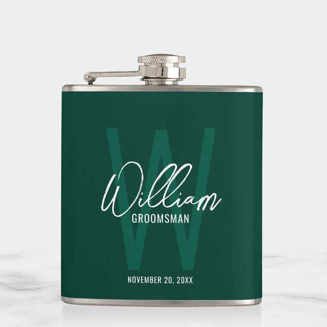 Emerald Green Script Personalized Groomsman's Name Hip Flask (Creator Uploaded)