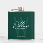 Emerald Green Script Personalized Groomsman's Name Hip Flask<br><div class="desc">Modern Minimalist Personalized Monogram and Name Gifts This design features personalized groomsman's name in white modern handwriting script font style and monogram in light emerald green modern sans serif font style as background, with wedding details in white modern sans serif font style, on emerald green background. Also perfect for best...</div>