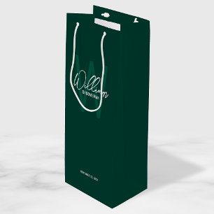 Emerald Green Script Personalized Groomsman's Name Wine Gift Bag