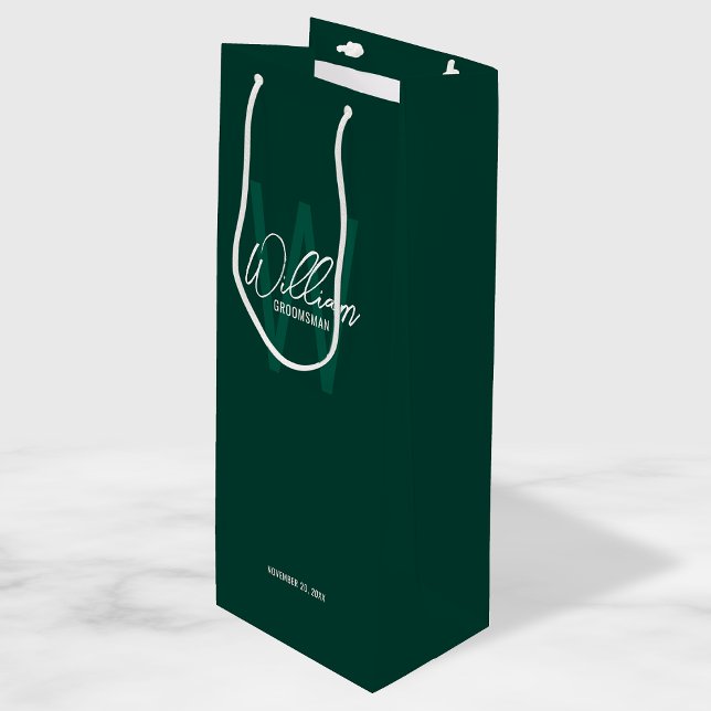 Emerald Green Script Personalized Groomsman's Name Wine Gift Bag (Creator Uploaded)
