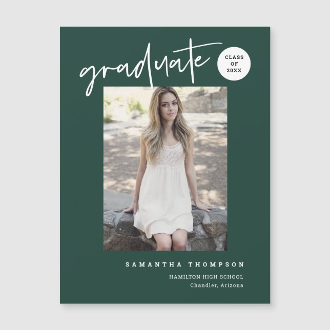 Emerald Green Script School Graduate Photo Magnet (Front)