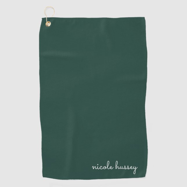 Emerald Green Script  | Stylish Monogram Modern Golf Towel (Front)