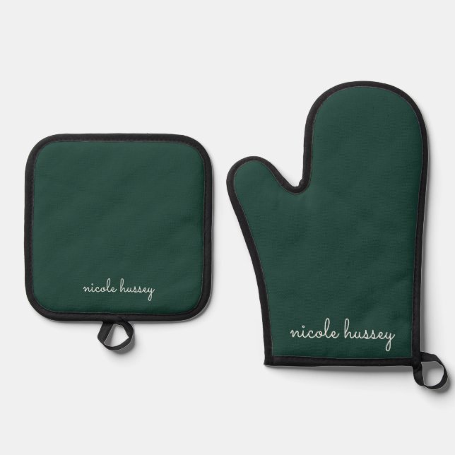 Emerald Green Script | Stylish Monogram Modern Oven Mitt & Pot Holder Set (Front)