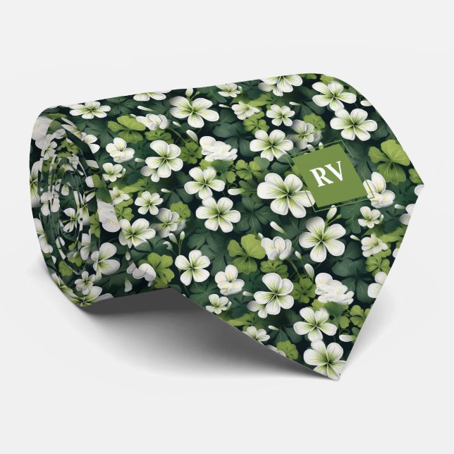 Emerald Green Shamrock Floral Pattern Tie (Rolled)
