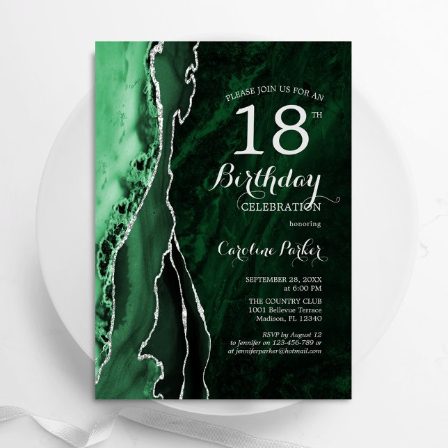 Emerald Green Silver Agate 18th Birthday Invitation (Creator Uploaded)