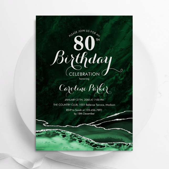 Emerald Green Silver Agate Marble 80th Birthday Invitation (Creator Uploaded)