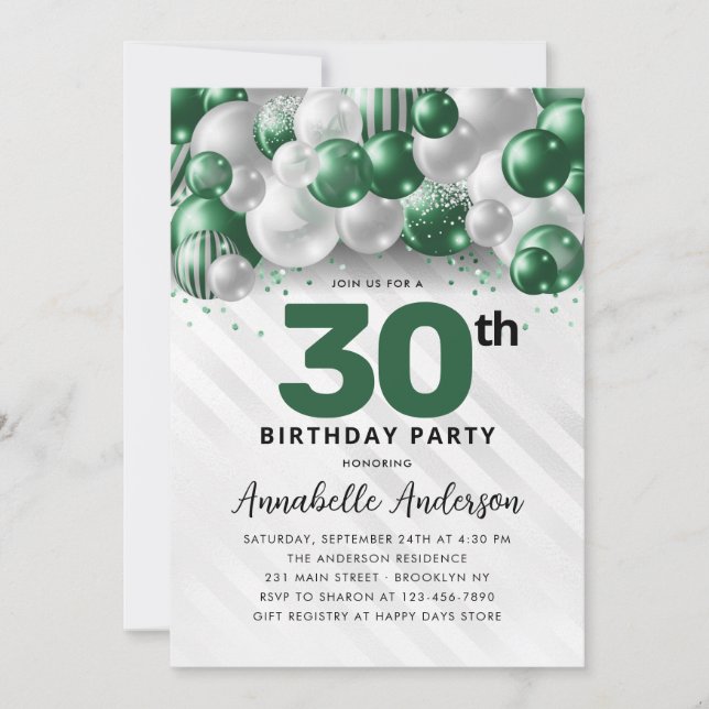 Emerald Green Silver Balloon Glitter 30th Birthday Invitation (Front)