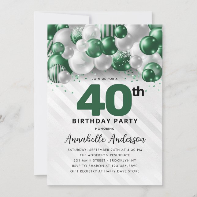 Emerald Green Silver Balloon Glitter 40th Birthday Invitation (Front)