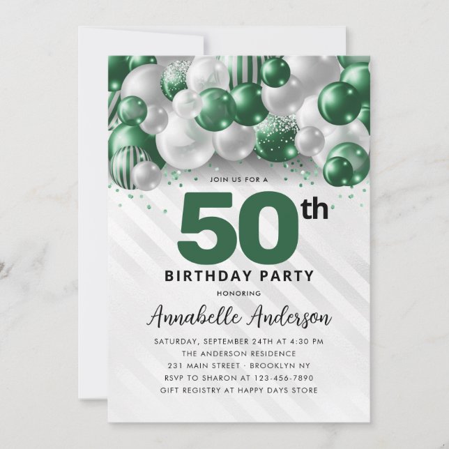 Emerald Green Silver Balloon Glitter 50th Birthday Invitation (Front)