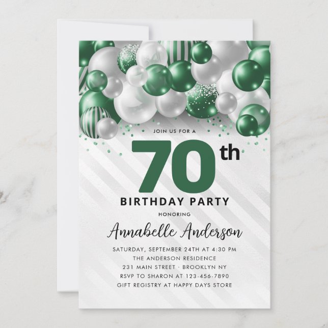 Emerald Green Silver Balloon Glitter 70th Birthday Invitation (Front)