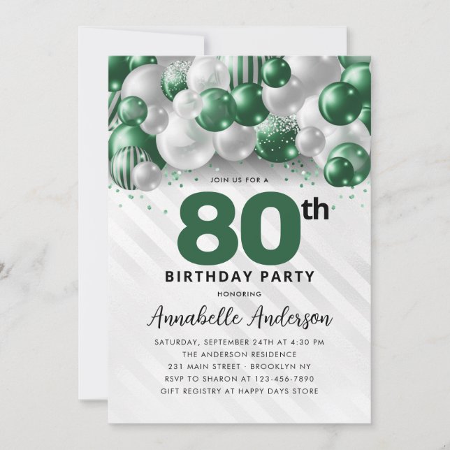 Emerald Green Silver Balloon Glitter 80th Birthday Invitation (Front)