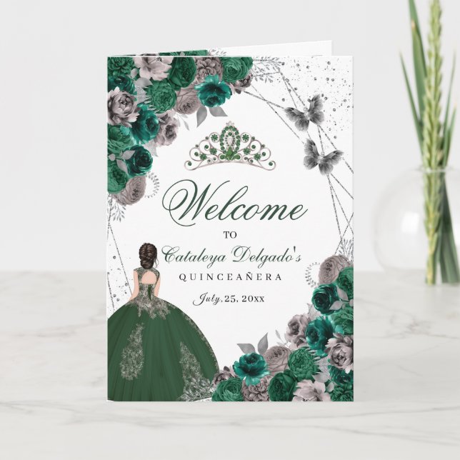 Emerald Green Silver Butterfly Quinceanera Program (Front)