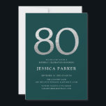 Emerald Green Silver Elegant  80th Birthday Invitation<br><div class="desc">Elegant emerald green silver 80th birthday party invitation. Customizable modern feminine design featuring faux glitter silver. Simple invite card perfect for a stylish female bday celebration. Personalize with your own details. Printed Zazzle invitations or instant download digital printable template.</div>