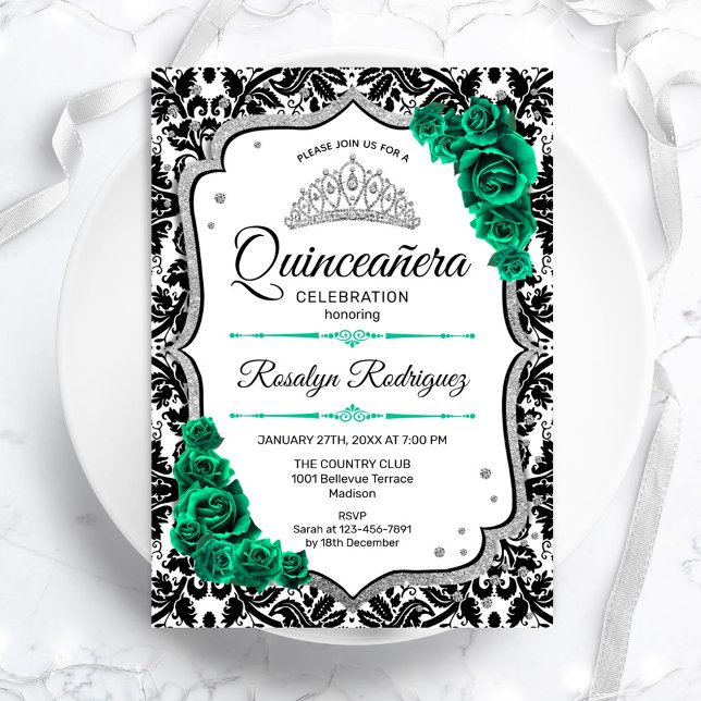 Emerald Green Silver Elegant Damask Quinceanera Invitation (Creator Uploaded)