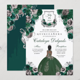 Emerald Green & Silver Floral Elegant Quinceañera Invitation