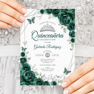 Emerald Green Silver Floral Quinceanera Invitation