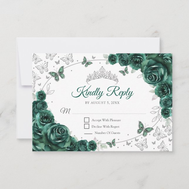 Emerald Green Silver Floral Quinceanera Reply RSVP Card (Front)