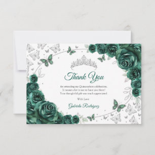 Emerald Green Silver Floral Quinceanera Thank You Card