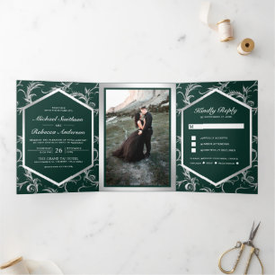 Emerald Green Silver Flourish Swirl Wedding Photo Tri-Fold Invitation