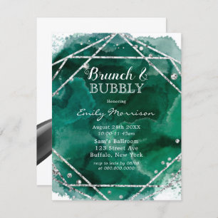 Emerald Green Silver Geometric Brunch & Bubbly Invitation
