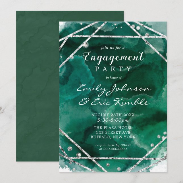 Emerald Green Silver Geometric Engagement Party Invitation (Front/Back)