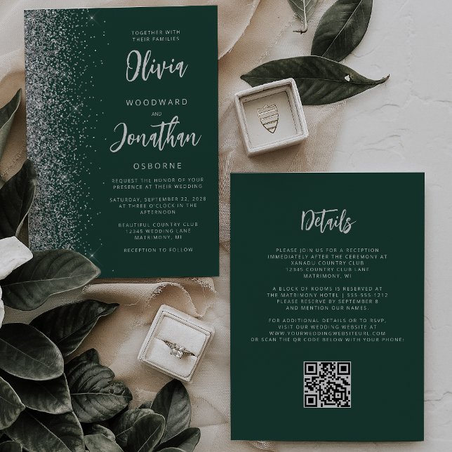 Emerald Green Silver Glitter QR Code Wedding Invitation (Creator Uploaded)