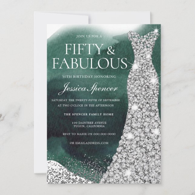 Emerald Green & Silver Gown 50th Birthday Party Invitation (Front)