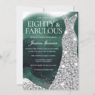 Emerald Green & Silver Gown 80th Birthday Party Invitation