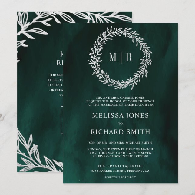 Emerald Green Silver Leaf Branch QR Code Wedding Invitation (Front/Back)