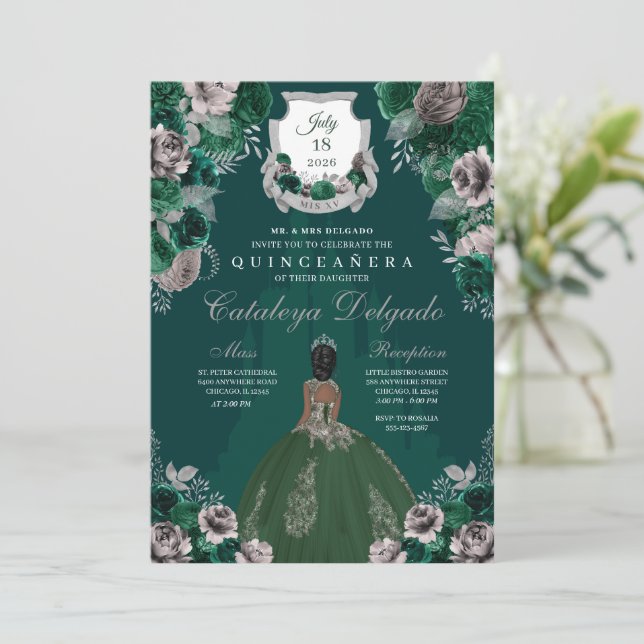 Emerald Green & Silver Princess Castle Quinceañera Invitation (Standing Front)