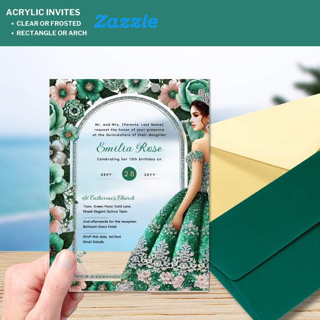 Emerald Green Silver Quince Dress Flowers Tiara Acrylic Invitations (Creator Uploaded)