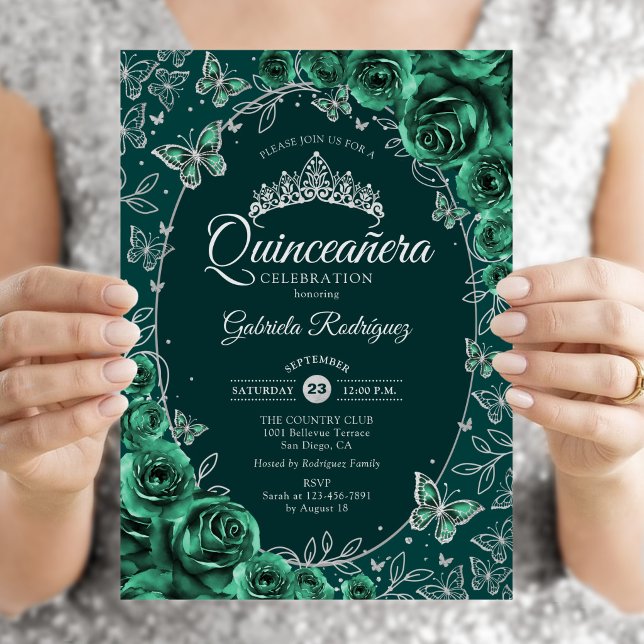 Emerald Green Silver Quinceanera Invitation (Creator Uploaded)