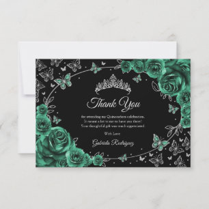 Emerald Green Silver Quinceanera Thank You Card