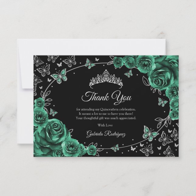 Emerald Green Silver Quinceanera Thank You Card (Front)
