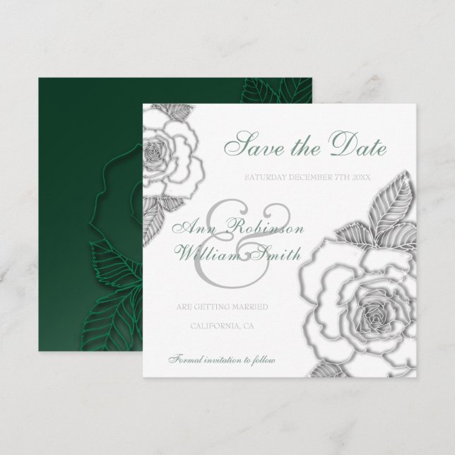 Emerald green silver rose rustic Wedding  Save The Date (Front/Back)