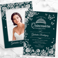 Emerald Green Silver Roses Quinceanera Photo