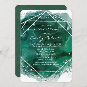Emerald Green Silver Watercolor Bridal Shower  Invitation