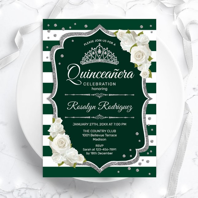 Emerald Green Silver White Elegant Quinceanera  Invitation (Creator Uploaded)