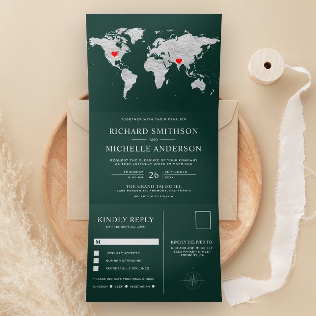 Emerald Green Silver World Map All in One Wedding Tri-Fold Invitation (Creator Uploaded)