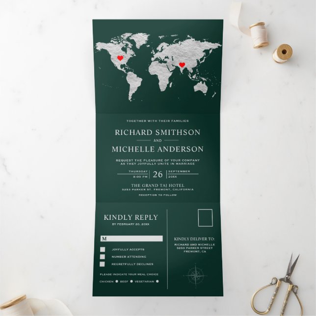 Emerald Green Silver World Map All in One Wedding Tri-Fold Invitation (Inside)