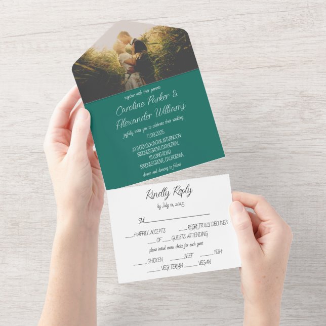 Emerald Green Simple Modern Photo Wedding All In One Invitation (Tearaway)