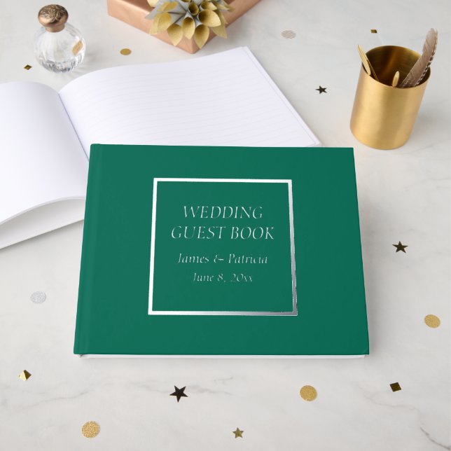 Emerald Green Simple Stylized Lettering Wedding Guest Book (Front Open)